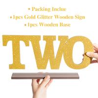 CY2SIDE Gold Glitter TWO Letter Sign Wooden Table Centerpieces, Table Decorations for Boys Girls Second Birthday, the 2nd Birthday Party Favor for Baby Infant, Bling Golden Theme Party Decor Supplies