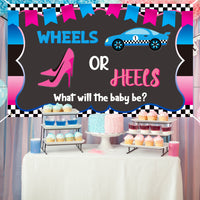 CY2SIDE Wheels or Heels Gender Reveal Party Backgrounds, He or She Baby Shower Photography Backdrop, Wheels or Heels Gender Reveal Party Supplies, Baby Boy or Girl Background, Gender Reveal Decoration