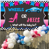 CY2SIDE Wheels or Heels Gender Reveal Party Backgrounds, He or She Baby Shower Photography Backdrop, Wheels or Heels Gender Reveal Party Supplies, Baby Boy or Girl Background, Gender Reveal Decoration